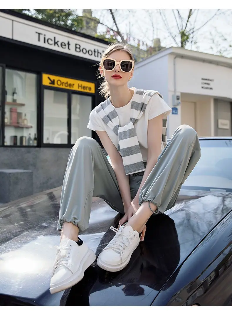 여름 소녀 얇은 lce 실크 넓은 다리 바지 여성 캐주얼 Hiah 허리 스트레이트 LegTrousers 레이디 편안한 새틴 패브릭 바지