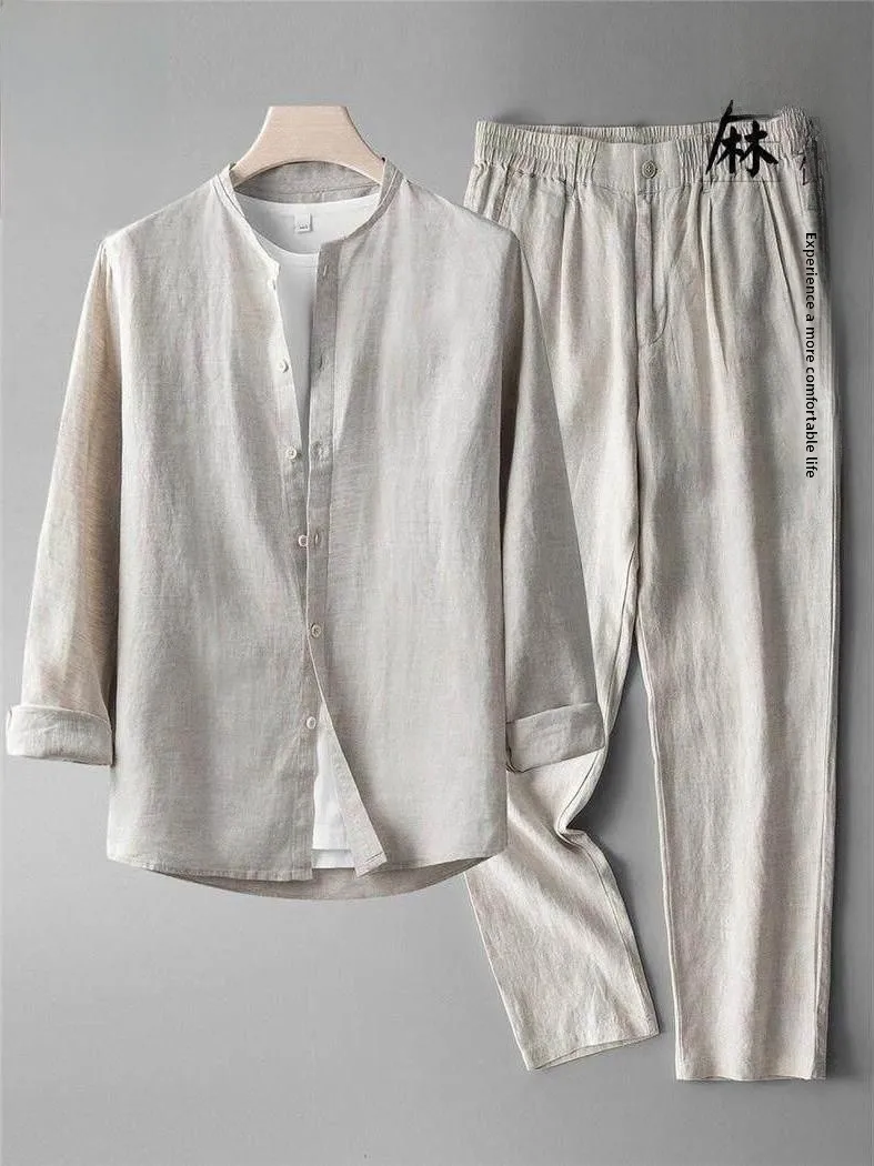 

Summer Men's Cotton Linen Set Vintage Chinese Style Two-Piece Thin Linen Material Breathable Casual Long Pants