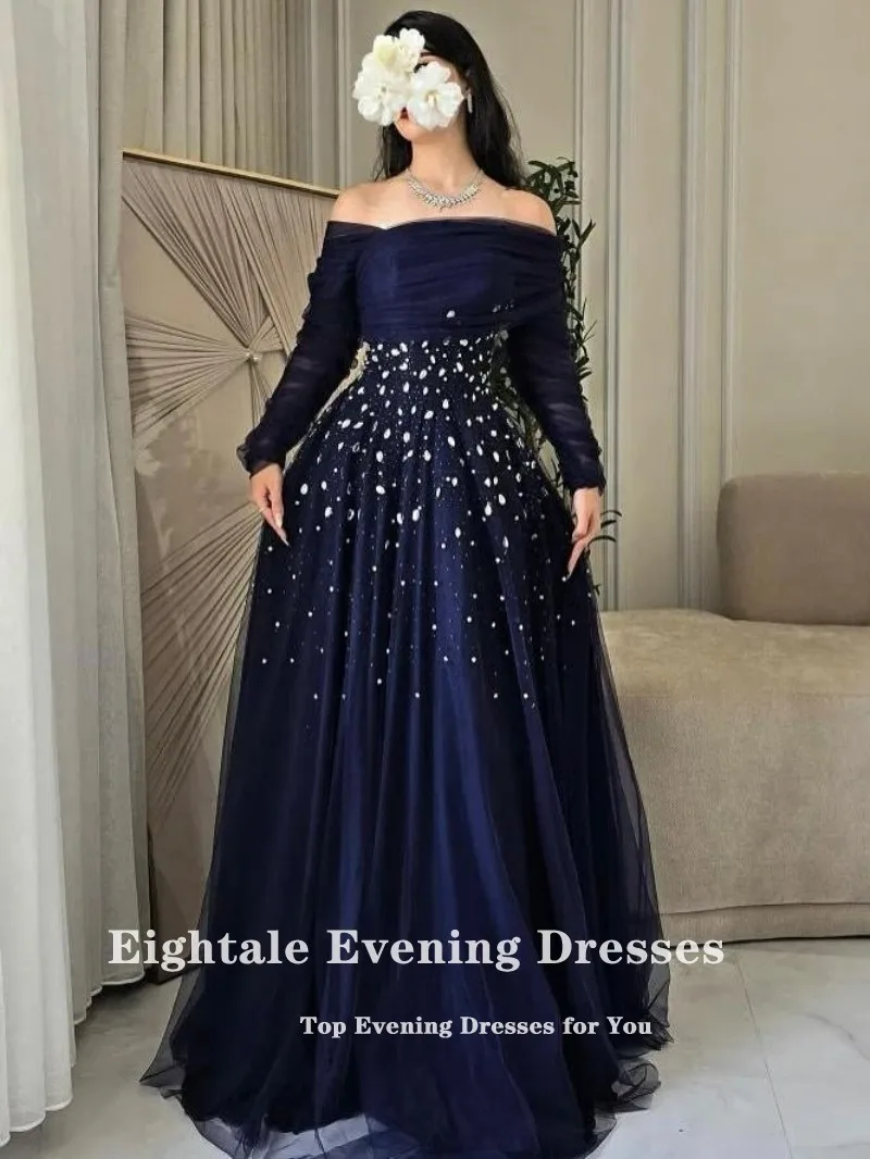 Eightale-vestidos de Noche azul marino, vestido de fiesta personalizado sin tirantes de tul con cuentas, corte en A, para fiesta de boda