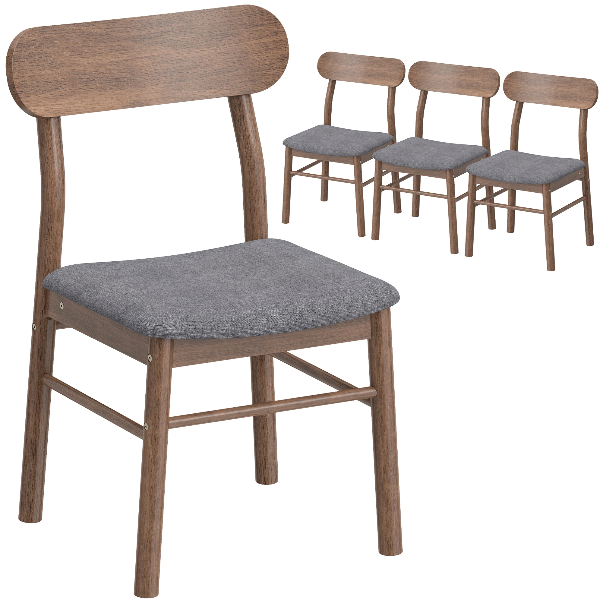 Homcom Dining Chairs Set of 4, Padded Solid Wood Kitchen Chairs, Mid-Century Modern Style Dining Room Chairs with Ergonomic Curved Backrest, Gray