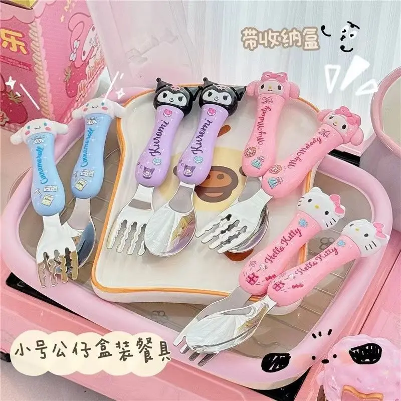 

Sweet Sanrio Hello Kitty Cinnamoroll Anime Kawaii Tableware Spoon Set Cute Cartoon Kuromi Forks Portable Gifts for Kids