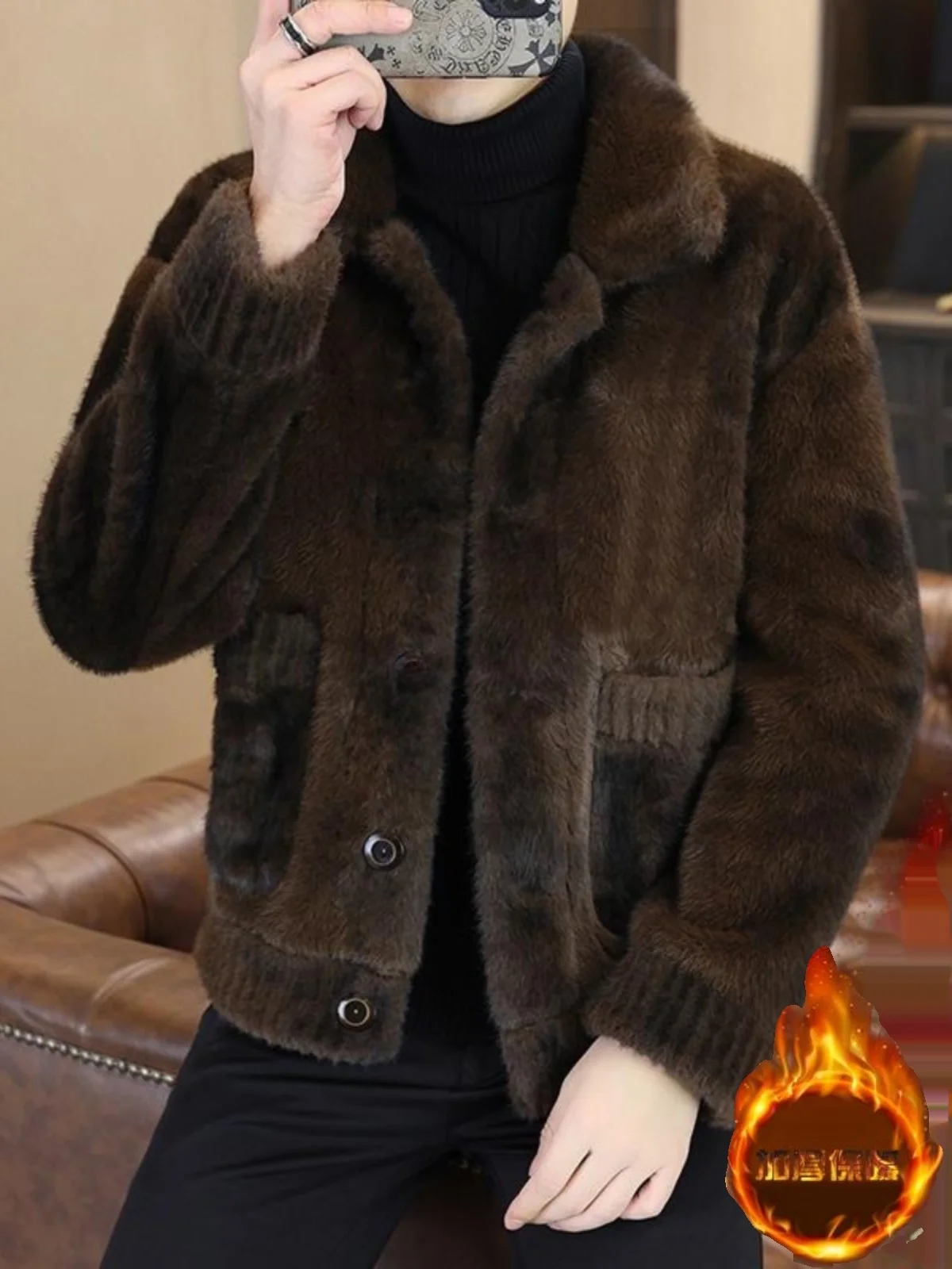 

Winter Thiened ort Double-Sided Wear Fake Fur Coat Young Men's Jaet Warm Collar Street Sle Loose Fit Long Sve
