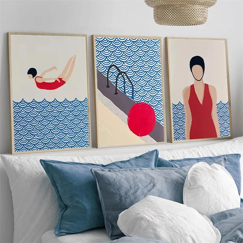 Women Swim Abstract Wall Art Canvas Painting Nordic Minimalist Posters Swimming Pool Pictures for Bedroom Bathroom Decor