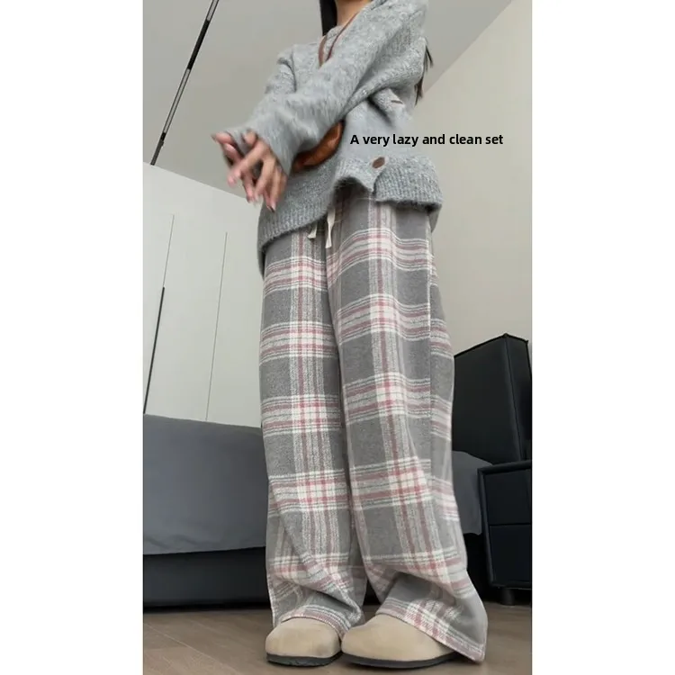 กางเกงขายาวทรงหลวมสไตล์เรโทรสำหรับผู้หญิง ฤดูใบไม้ร่วง ฤดูหนาว ผ้าวูลลายสก็อต ทรงหลวมสบายๆ เอวสูง ทรงตรง