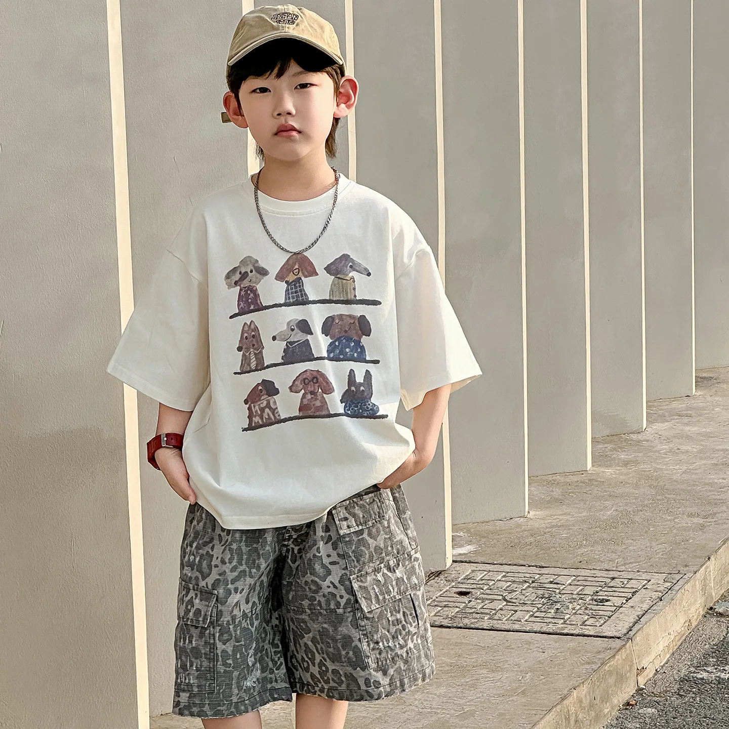

Children Clothing Boys Fashionable Loose All Match T Shirt 2025 Summer New Boys Korean Style Cartoon Printed Cotton Short Sleeve