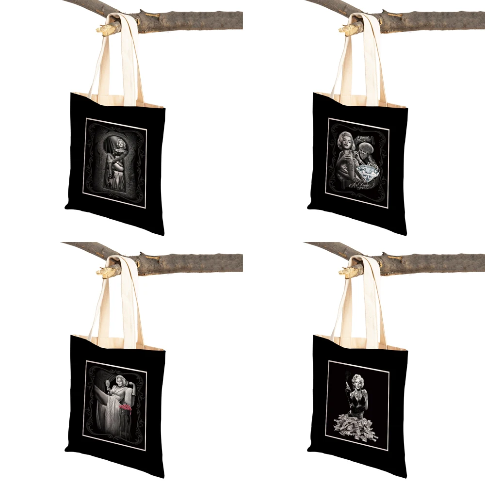 Dark Goth Skull Lady Supermarket Shopper Bag Women Travel Shoulder Tote Handbag Cartoon Sexy Girl Casual Canvas Shopping Bags