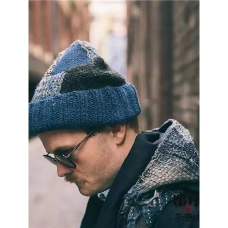 

2021aw Kapital Japanese Style Leisure Handmade Knitted Wool Caps Hat Men Women Vintage Splicing Warm Knitted Hats Cap