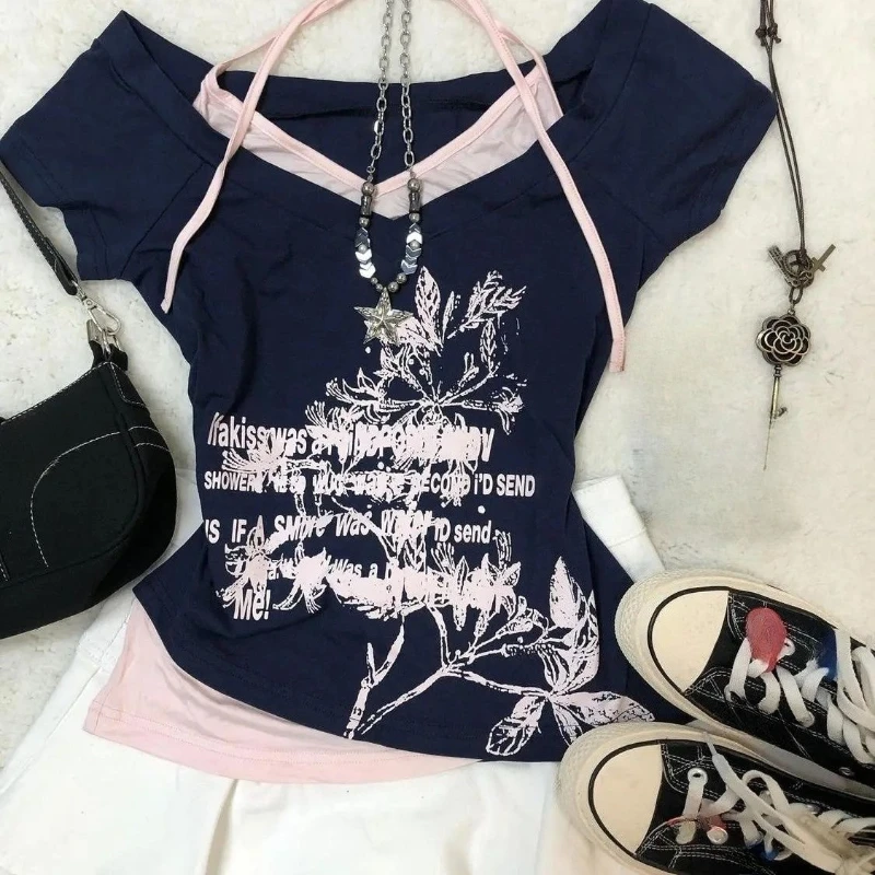 2000s escuro gótico americano vintage impressão t camisas y2k subcultura sexy falso duas peças magro manga curta camisetas harajuku casual topos