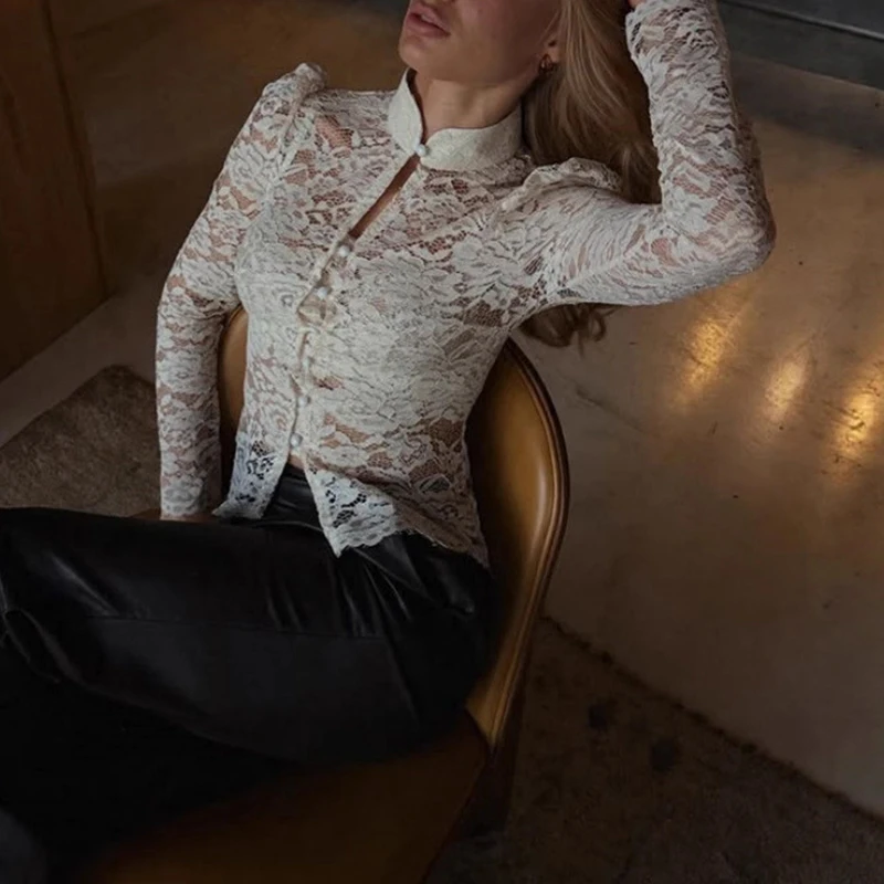 

French Style Lace Button Hollow Tops Fashion Skinny Long Sleeve See-through Blouse Elegant Solid Banquet Short Shirts For Women
