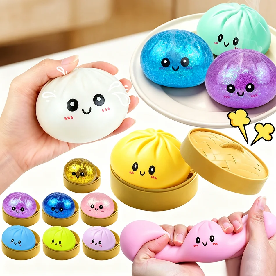 Bunte Dumpling-Squishies Stressbälle Fidget-Sensorikspielzeug Simulations-Lebensmittel Squishies Brötchen mit Dampfgarer Quetsch-Teigball Geschenk
