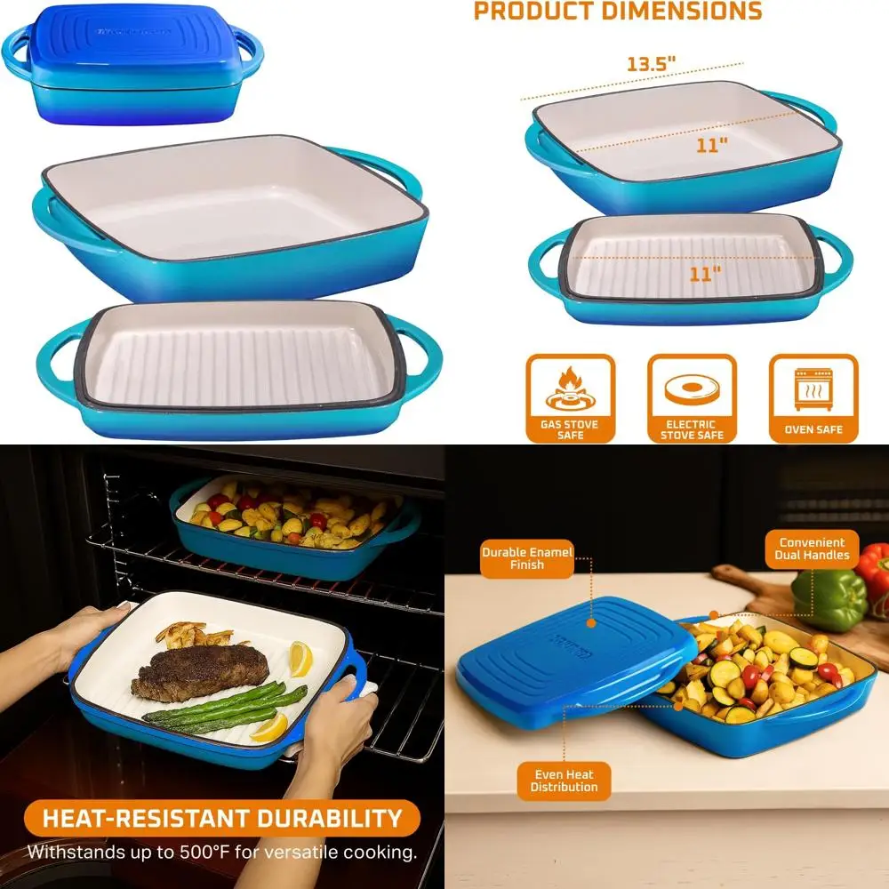 

All-in-One Non-Stick Cast Iron Dutch Oven with Grill and Dual Handles, Pre-Seasoned Square Cookware Set for Versatile Cooking