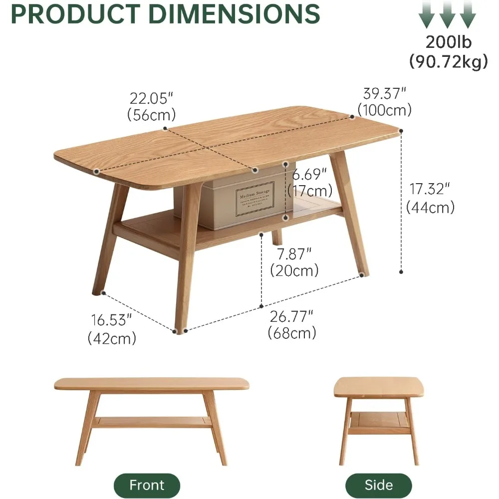 100% Solid Wood Coffee Table for Living Room, Mid Century Modern Small Tables with Shelf Storage, 2-Tier Storage Coffee Table wi