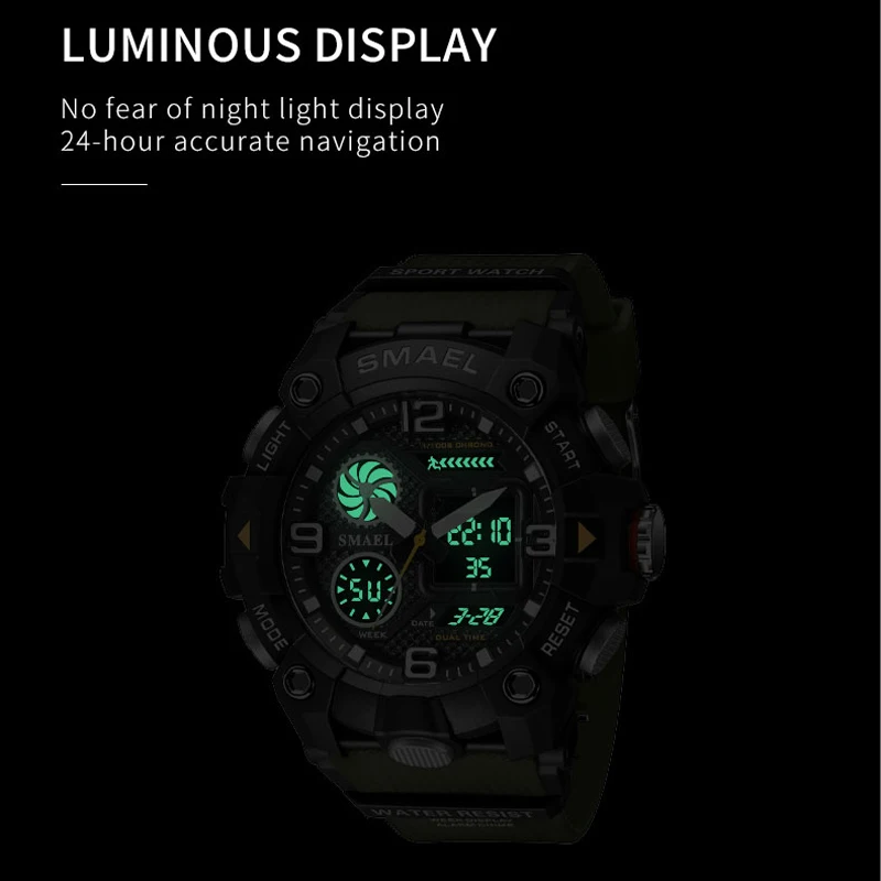 SMAEL Fashion Quartz Watch for Men Orange Men Original Top Brand Casual Sport Style Digital PU Band Dual Display Wristwatch Male