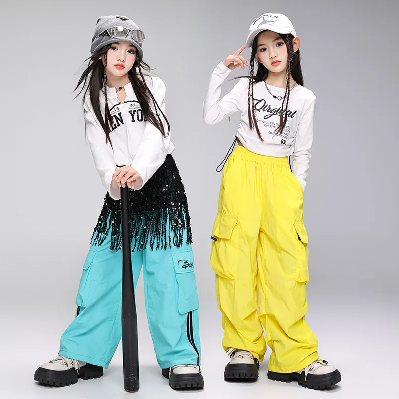 Kid Cool Hip Hop Clothing White Letter Crop Top T Shirt Blue Casual Wide Ruched Cargo Pants for Girl Jazz Dance Costume Clothes