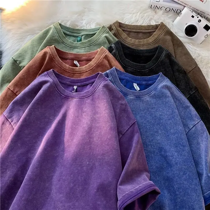 American Style Retro Heavyweight Solid Color Short Sleeved T-shirt Men Women Summer Street Trendy Washed Old Oversized Clothes view 6