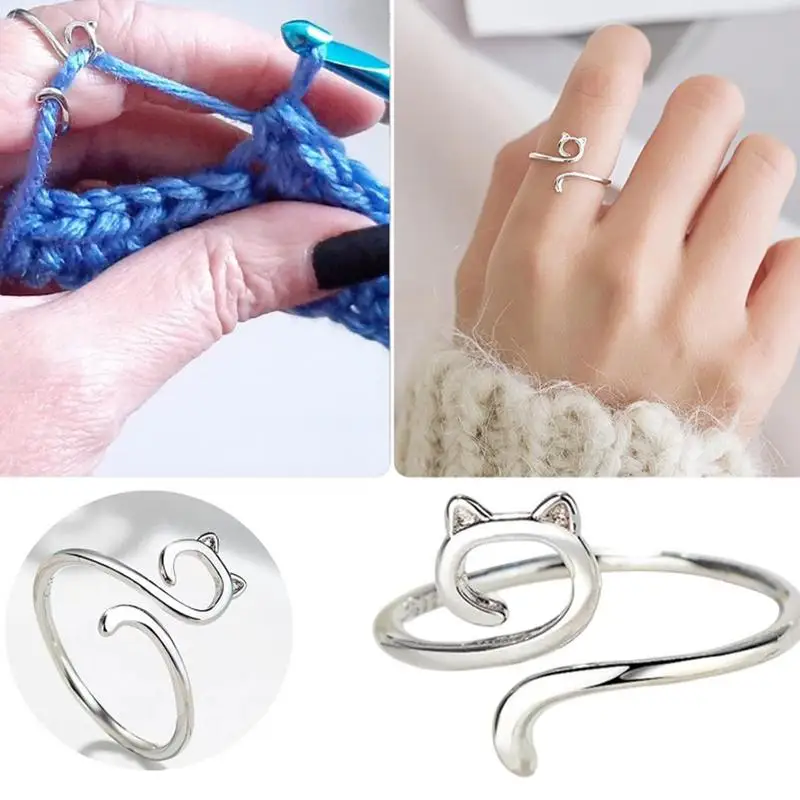 Adjustable Crochet Ring Geometric Open Cat Ears Yarn Ring Zinc Alloy Crochet Craft Tool For Mother's Day New Year Birthday And