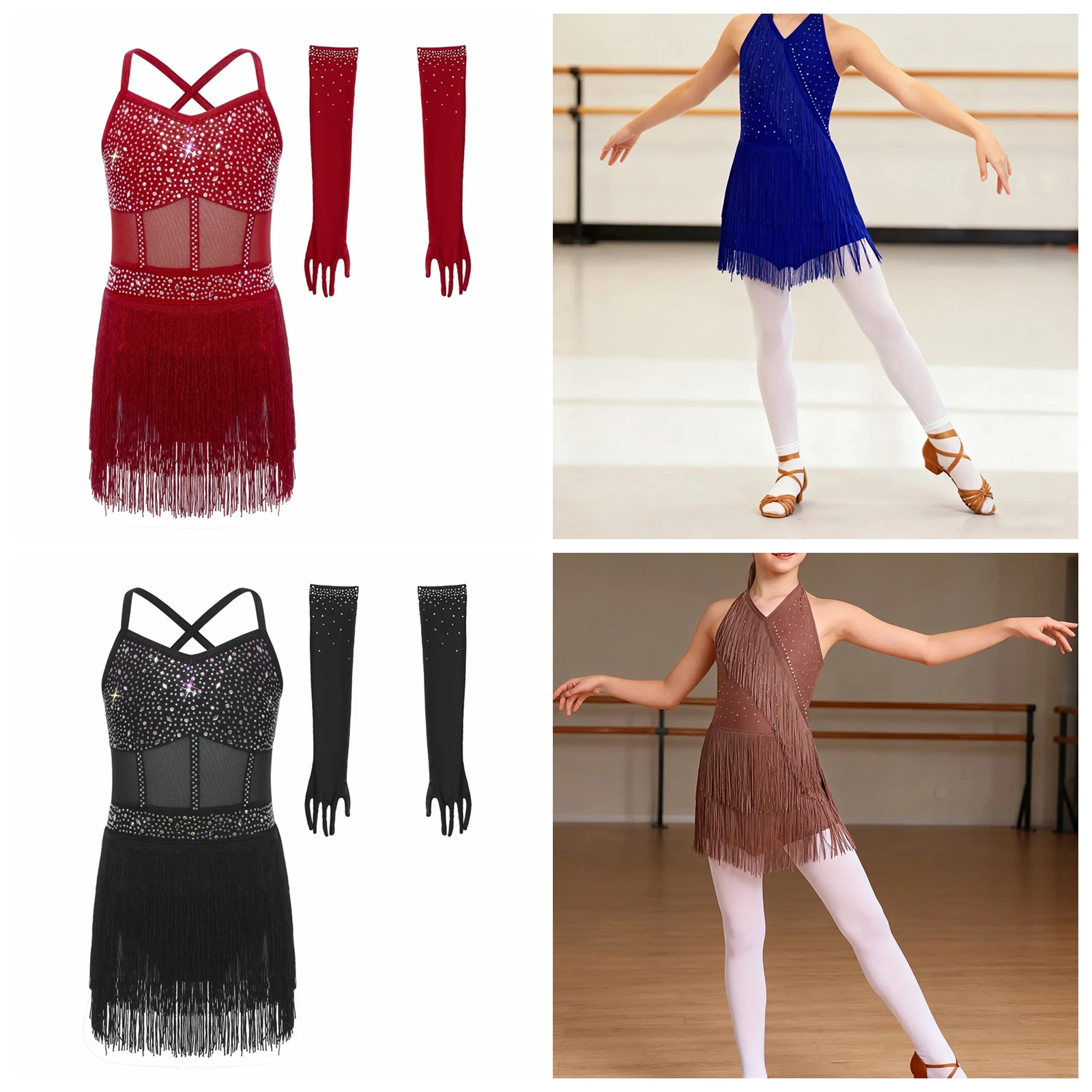 

Kids Girls Fringed Latin Dance Samba Salsa Cha-cha Costume Rhinestones Leotard Dress Sleeveless Strappy Back Tassel Jumpsuit
