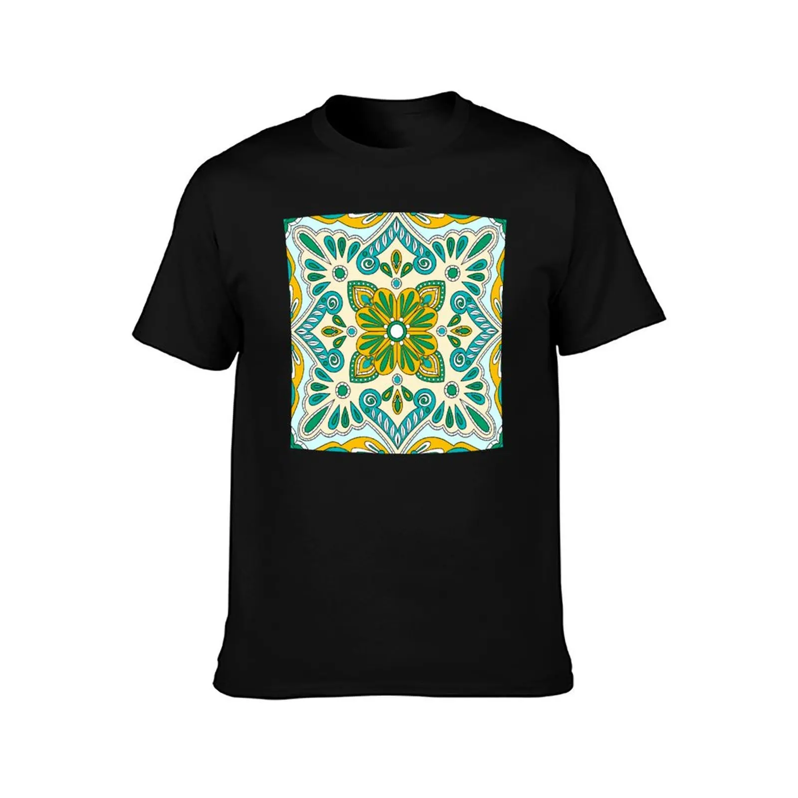 Moroccan Tile Pattern - Yellow and Green - Detailed Block Print Design, simple pattern T-Shirt Work Duty Casual T-Shirt