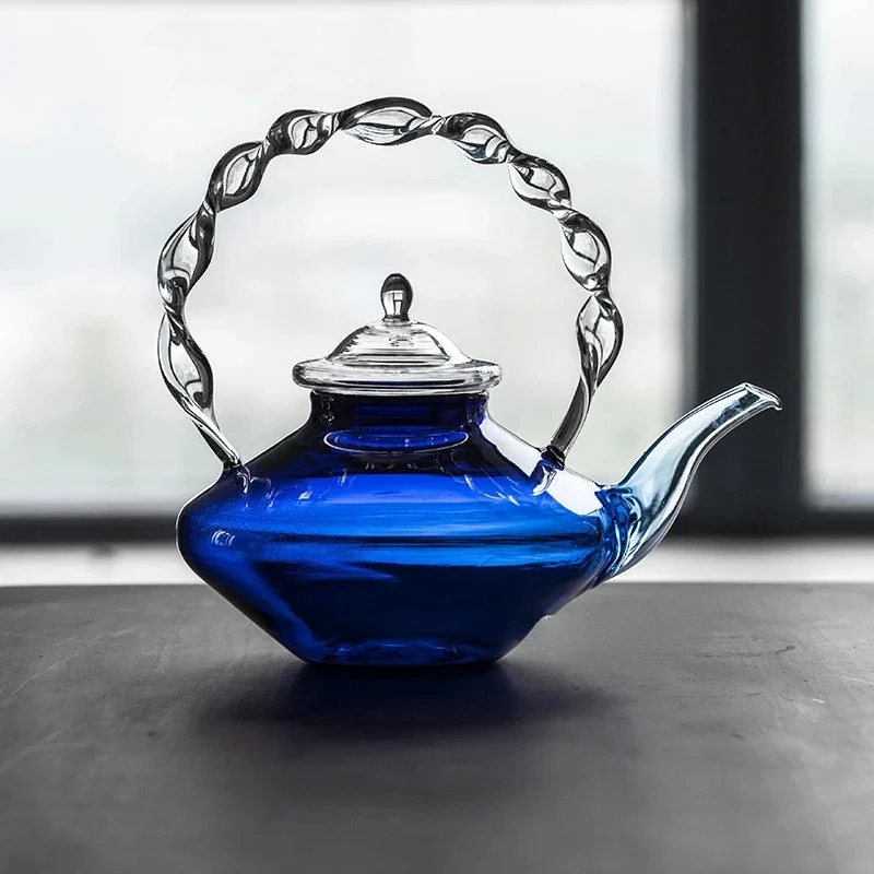 Glass Teapot Pitcher with Filter Blue Twisted Handle Borosilicate Glass Pot Teacup Set Water Bottle Glassware Teaware Jug