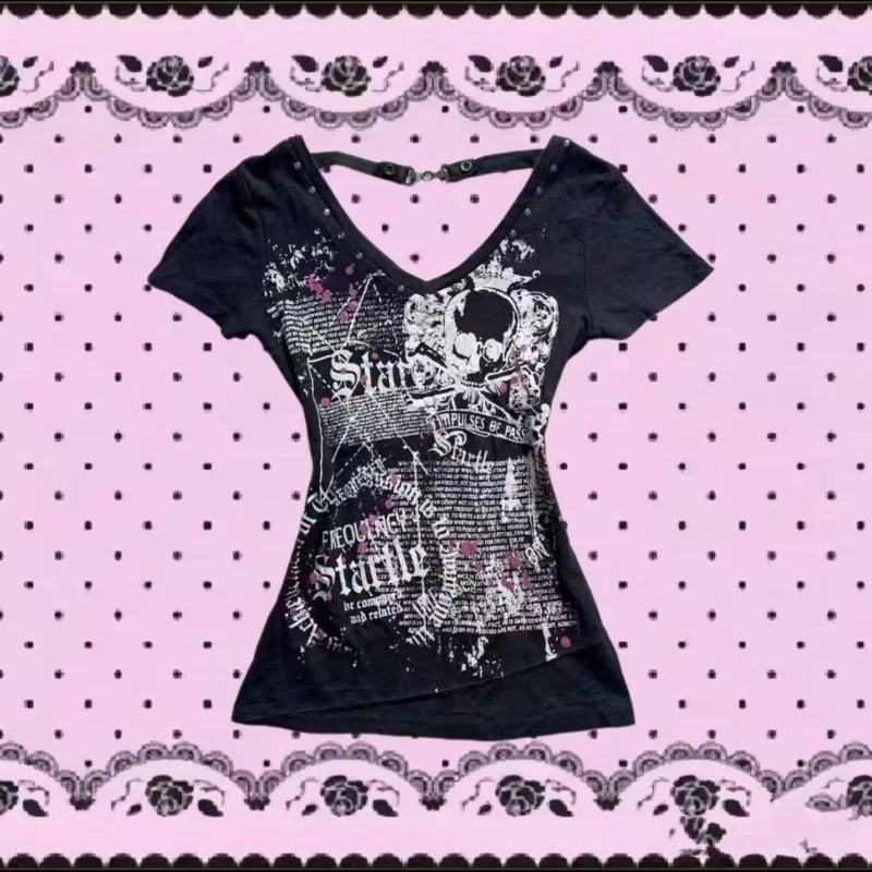 

Subculture Y2k Millennial Slim Outfits Hot Girl White Sexy Letters Short Sleeve T-shirt Women Streetwear Vintage Slim Waist Tops