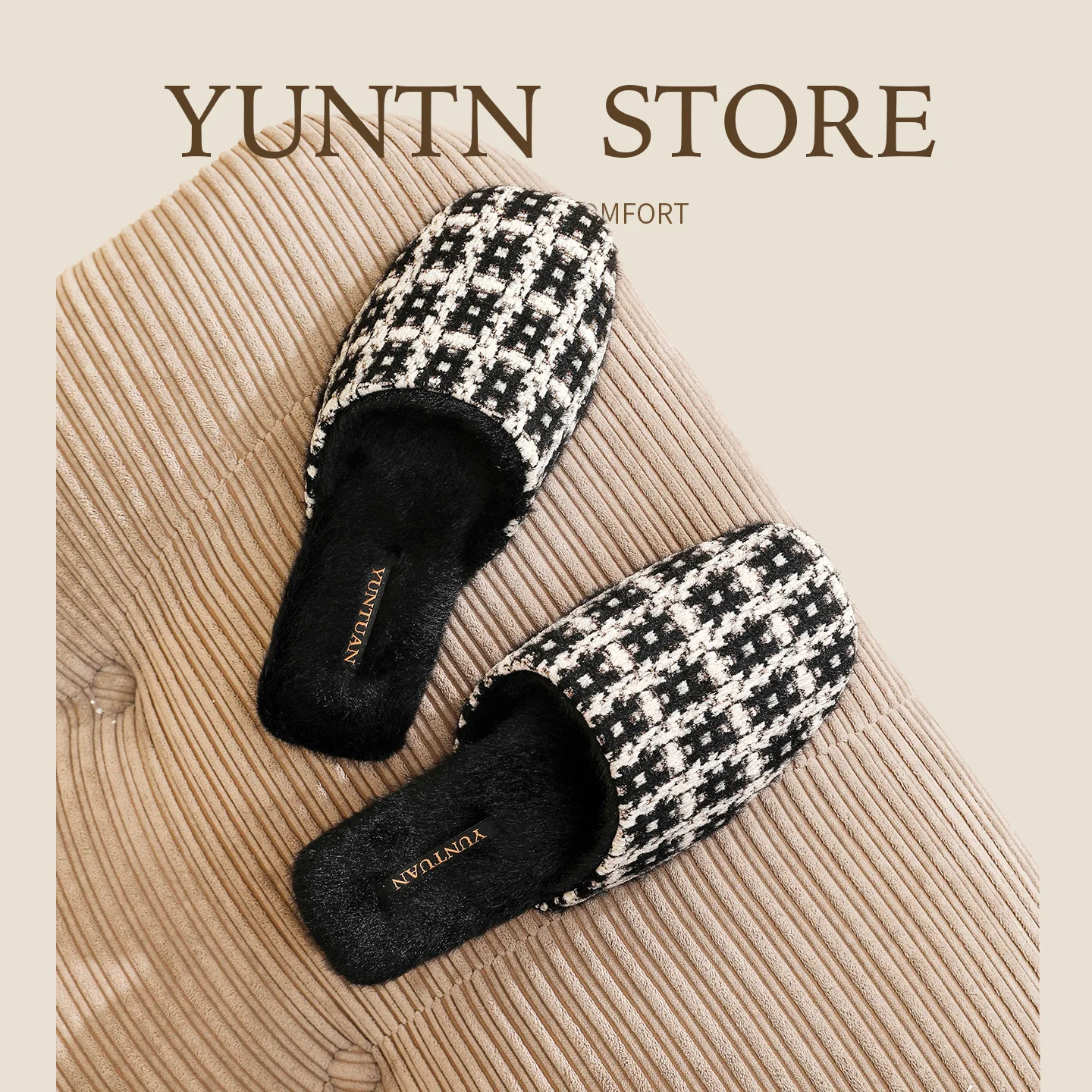 

Осенне-зимние твидовые французские тапочки в стиле шины для женщин — элегантные, легкие, роскошные, на флисовой подкладке и теплые для домашнего использования