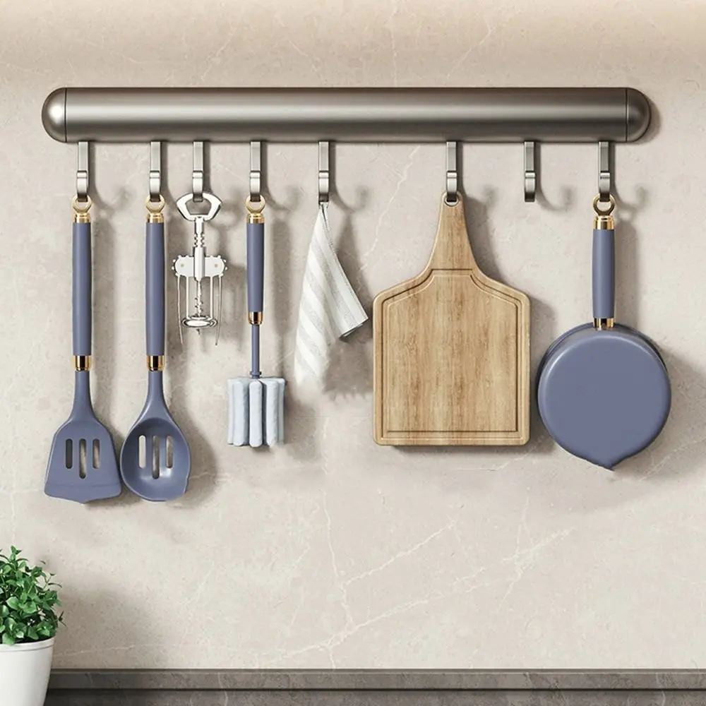 20-50cm Kitchen Hook Rack Black/Grey Space Aluminum Cabinet Storage Shelf Wall Mounted with Movable Hook Rack Spoon Storage Hook