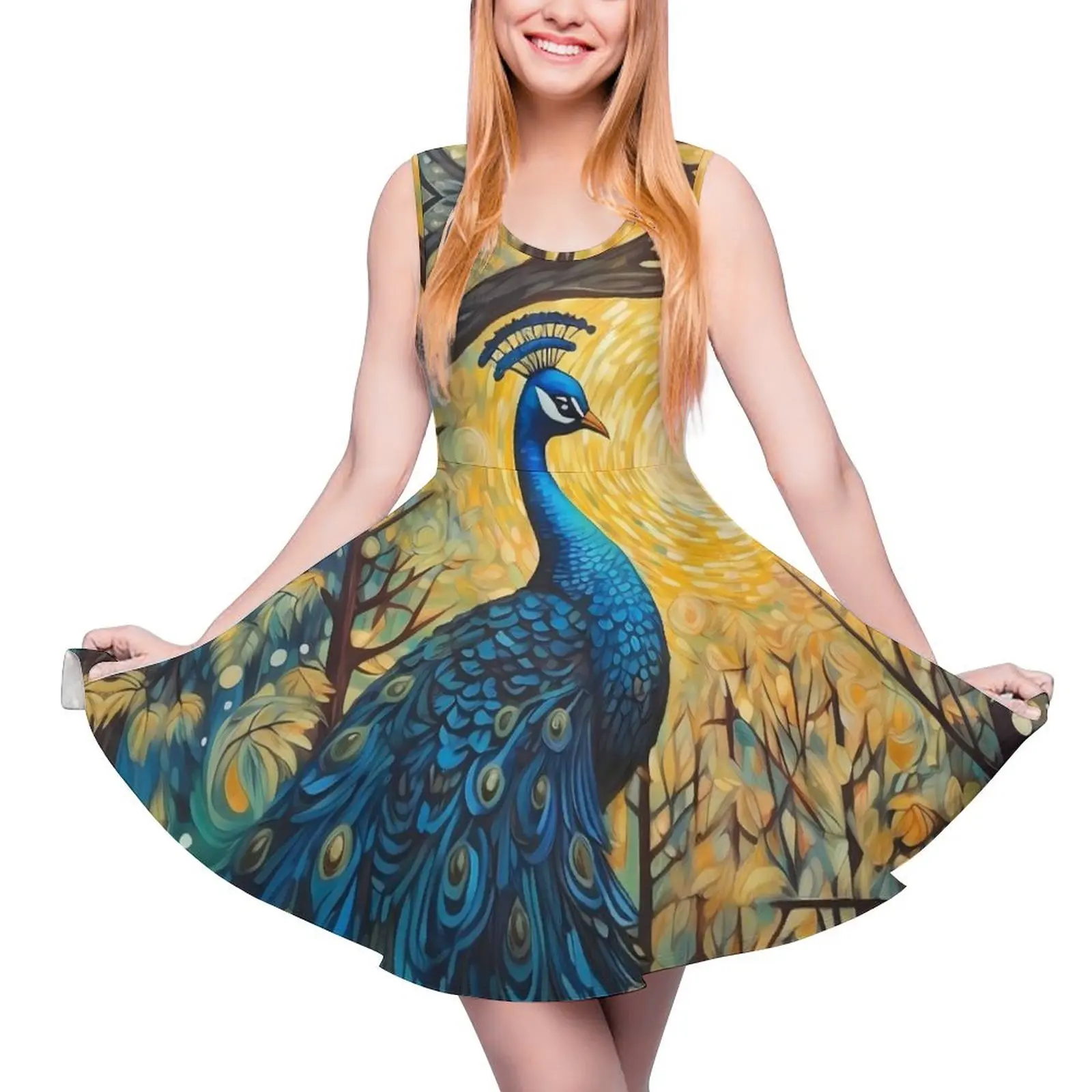 Fantasy Painting About Peacock Dress  Boho Beach Dresses Sleeveless Casual Skate Dress Ladies Custom Vestidos Gift Idea