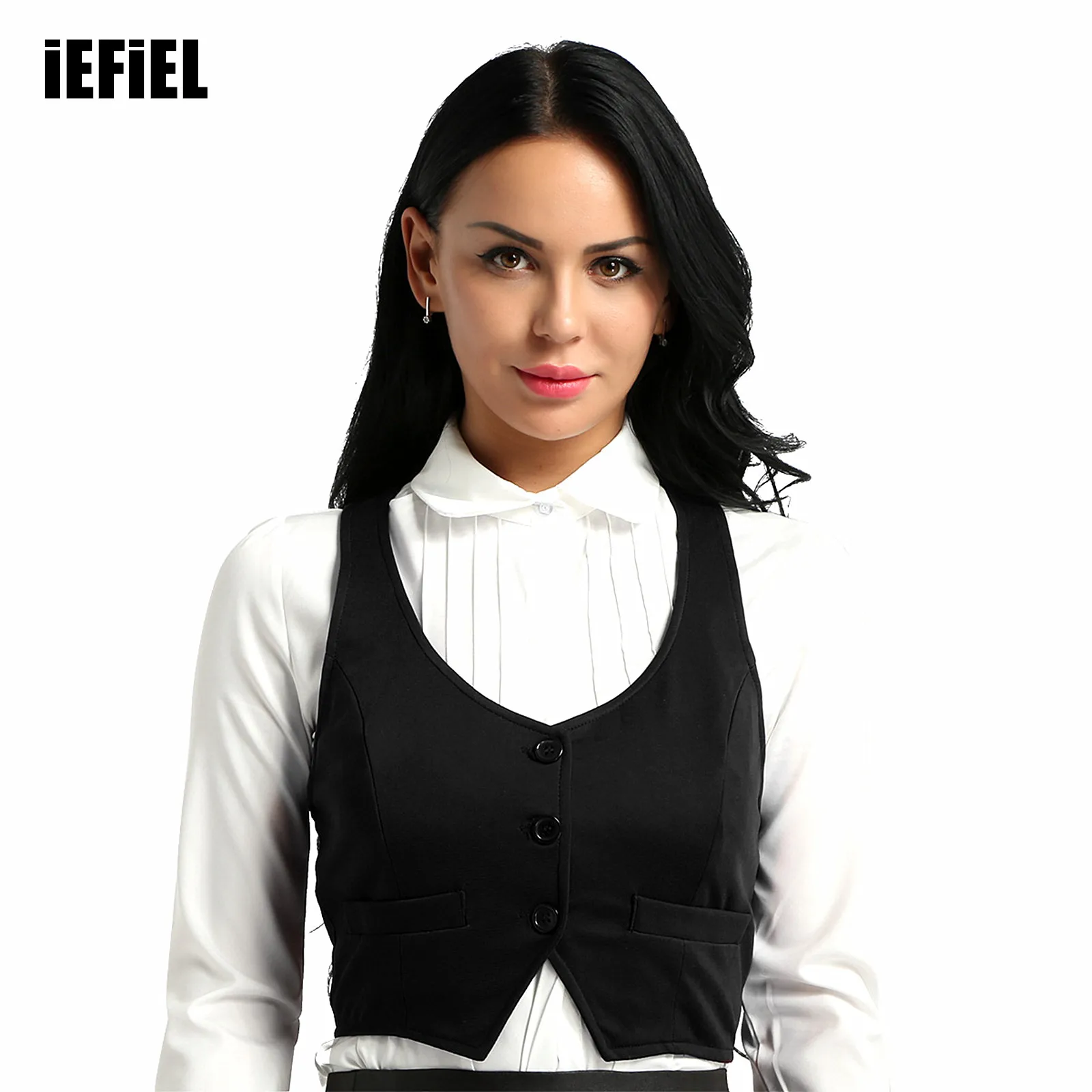 

Womens Button Down Fitted Racer Back Classic Vest Shirts Fashion V-Neck Sleeveless Separate Waistcoat