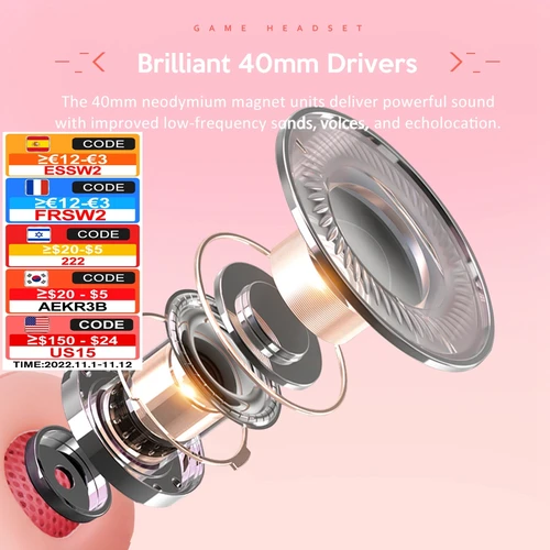 Imagen 2 del producto Audifonos gamers para PC y chicas, HiFi estéreo rosa Auriculares con cable con micrófono, cascos gaming negro para videojuegos, PS4, Windows XP/7/8/10, teléfono portátil