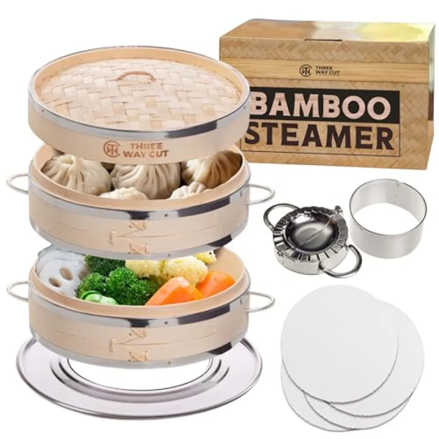 

Bamboo Steamer 10 Inch - Dumpling Steamer Basket 2 Tier Bamboo Steamers For Cooking Dumplings Bao Bun Dim Sum Rice Potsticker a