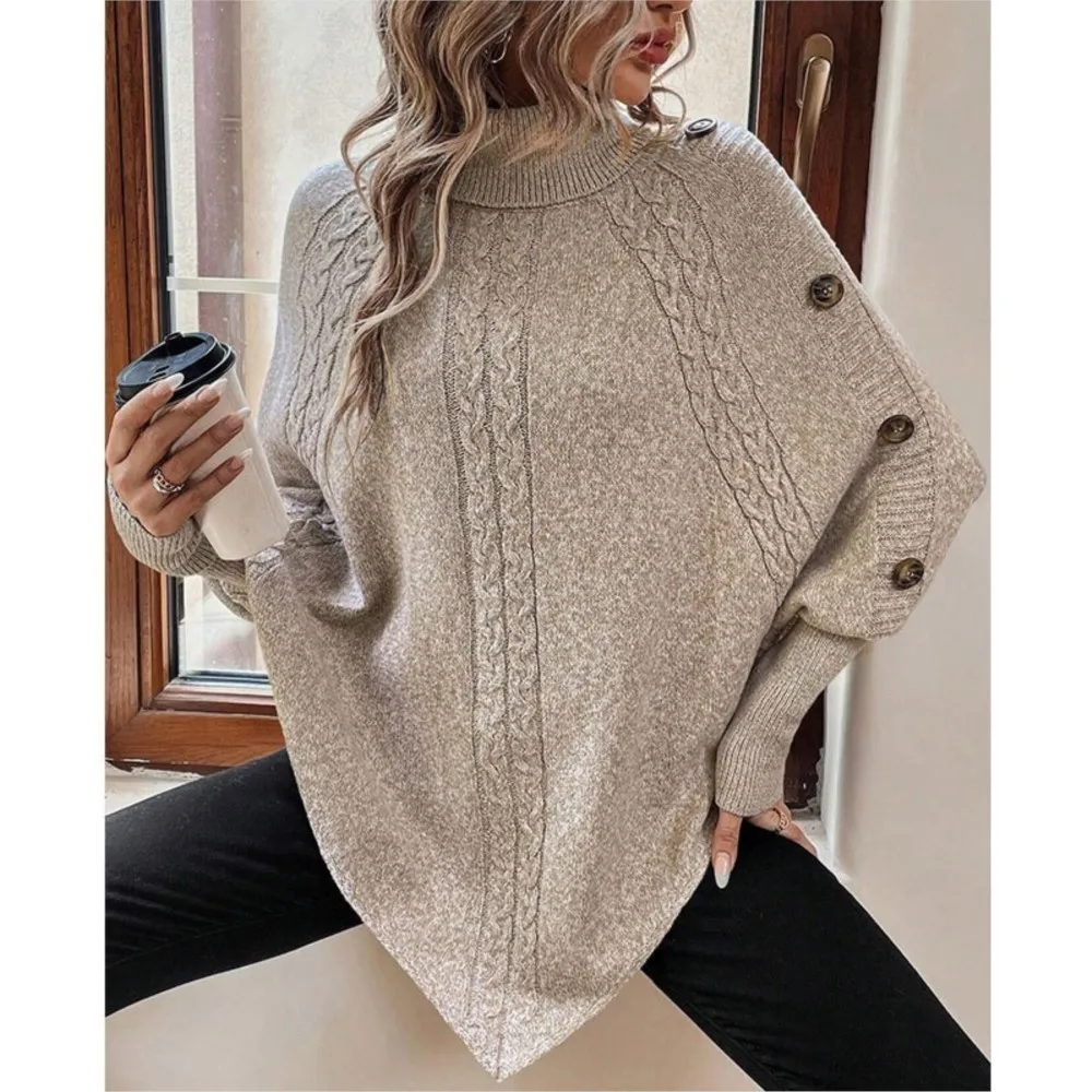 Autumn Winter New Women's Irregular Sweater Women's Knitted Fashion Twisted Flower High Collar Button Bat Sleeve Pullovers Top