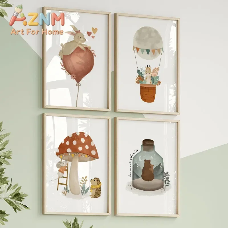 AZNM Cute Safari Animal Car Hot Air Balloon Canvas Wall Art Giraffe Bear Mushroom Nursery Poster, Unframed Canvas Print for Kids