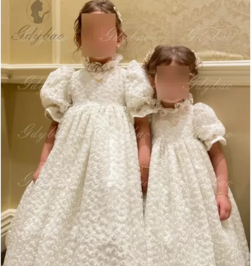 Vestido elegante de encaje con mangas abullonadas y cuello alto para niña, vestido de princesa de cintura alta, vestido de primera comunión personalizable