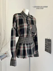 Abiti da donna autunnali moda coreana Vintage Gyaru Y2k Old Money Plaid outfit Set da 2 pezzi camicette a maniche lunghe Mini gonna a pieghe