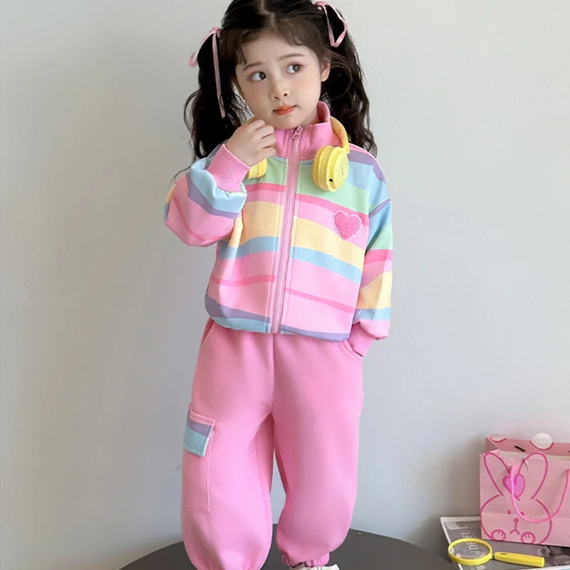 Hot Girl Stripe Coat Sportswear 2-Piece Set Spring Autumn Sweatpants Jacket Tops Pants Child Kawaii Fashion New Casual Clothing
