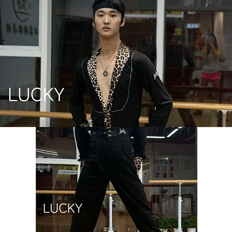 

2025 Latin Dance Tops For Men Diamond Black Leopard V-Neck Jumpsuit Latin Pants Suit Chacha Rumba Adult Latin Clothing DQS21499