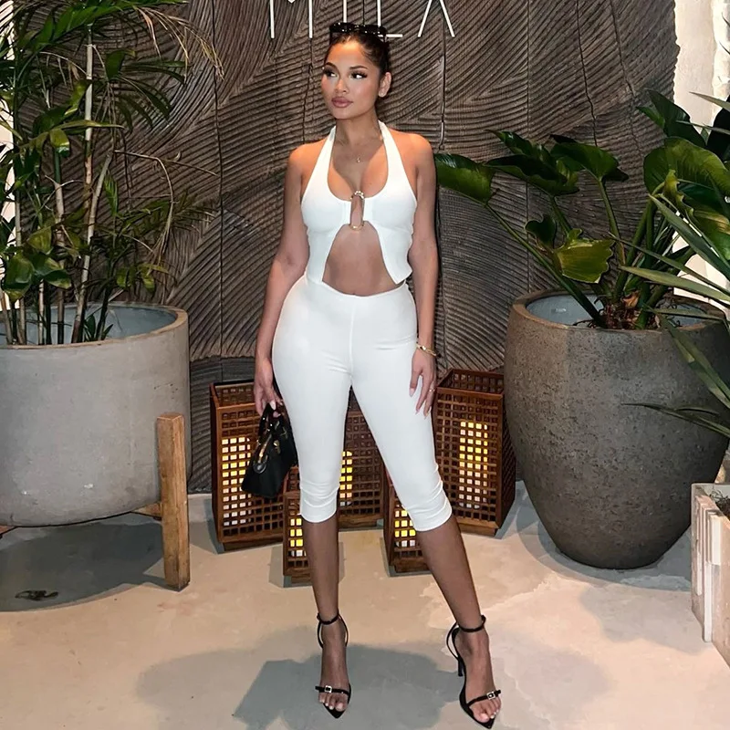 

Women Solid Ribbed 2 Piece Set Metal Buckle Lace Up Halter Backless Tank Crop Tops + High Waist Skinny Capris Pants Track Suits