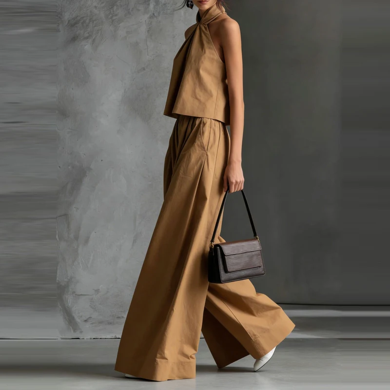 Backless Hollow Commuting Outfit Simple Solid Hanging Neck Top and Wide Leg Pants 2pc Set Women Summer Casual Loose Suit