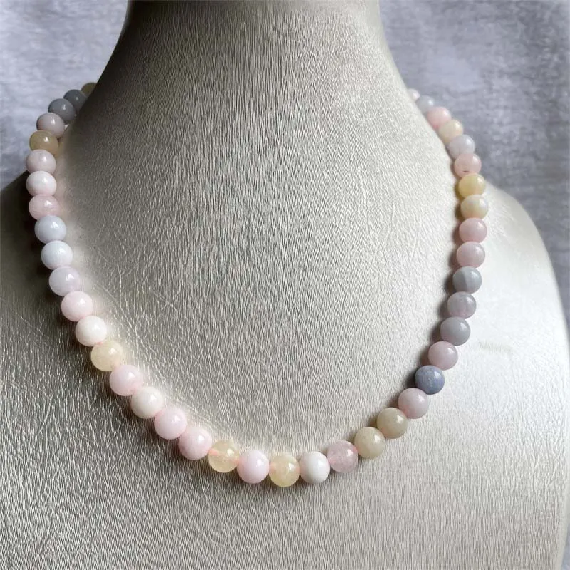 8MM Morganite Necklace Blue Pink Green Natural Stone Beads Jewelry Health Care Gemstone Protection Choker Healing Yoga Female