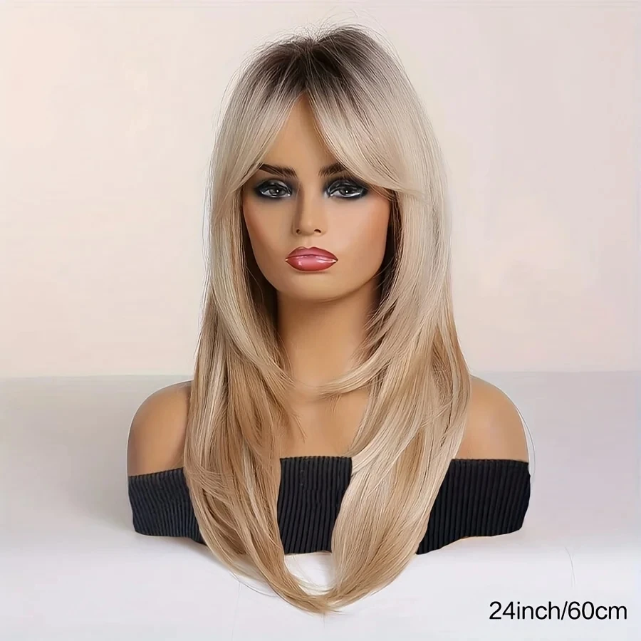 

Парик блондинки с омбре с челкой Длинный прямой парик Платиновые блондинки парики для женщин с темными корнями Натуральные синтетические парики прямые волосы