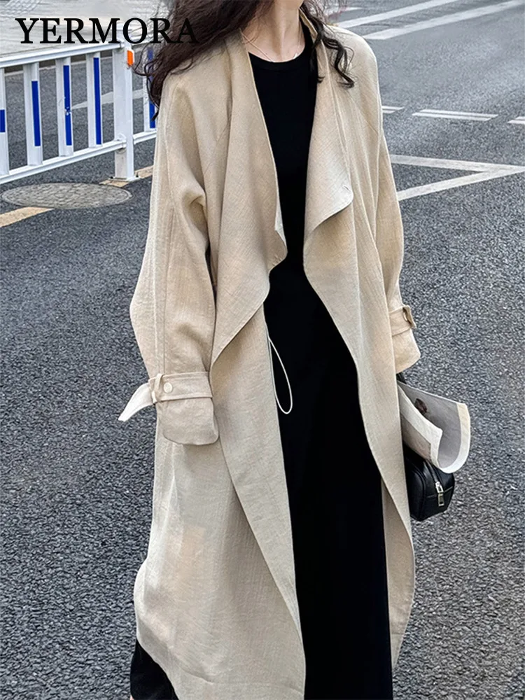 

YERMORA Khaki Drawstring Cotton And Linen Brief Trench For Women Long Sleeve Loose New Windbreaker Fashion Spring Autumn 2025