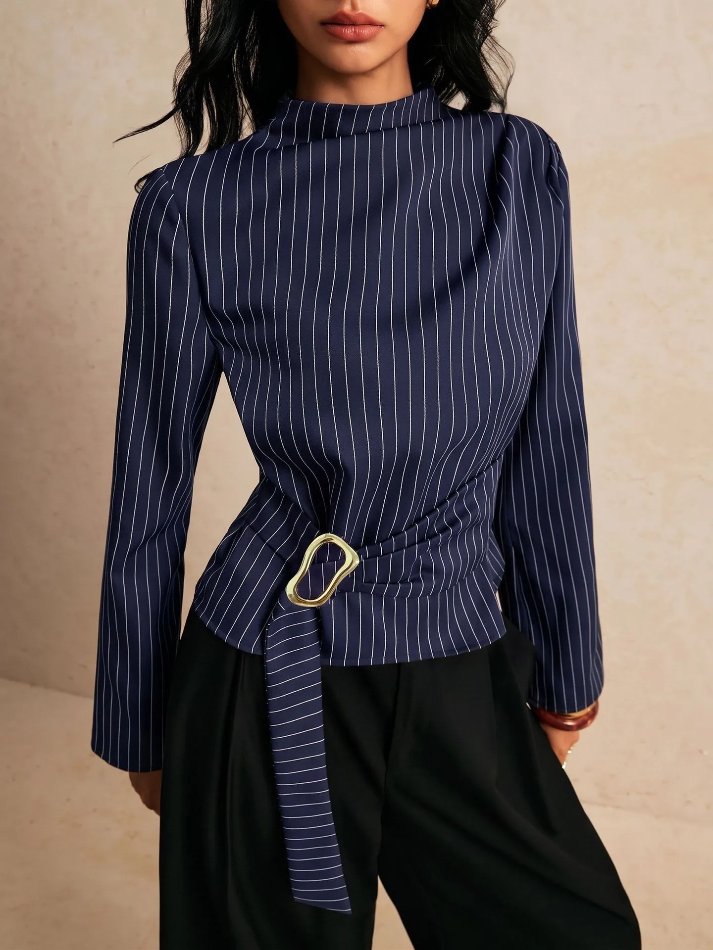 Bell Sleeve Tie Top with Long Sleeve Cross Border Elegant Fit and Flare Regular Length Women Top Striped Cropped Length Blouse