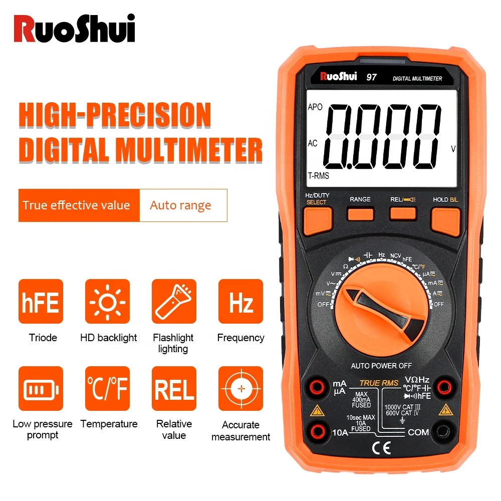 RuoShui 97 MULTIMETER Auto Range Professional Intelligent Data Hold OHM NCV Tester Ac Voltage Meter Ammeter Flashlight Tranistor