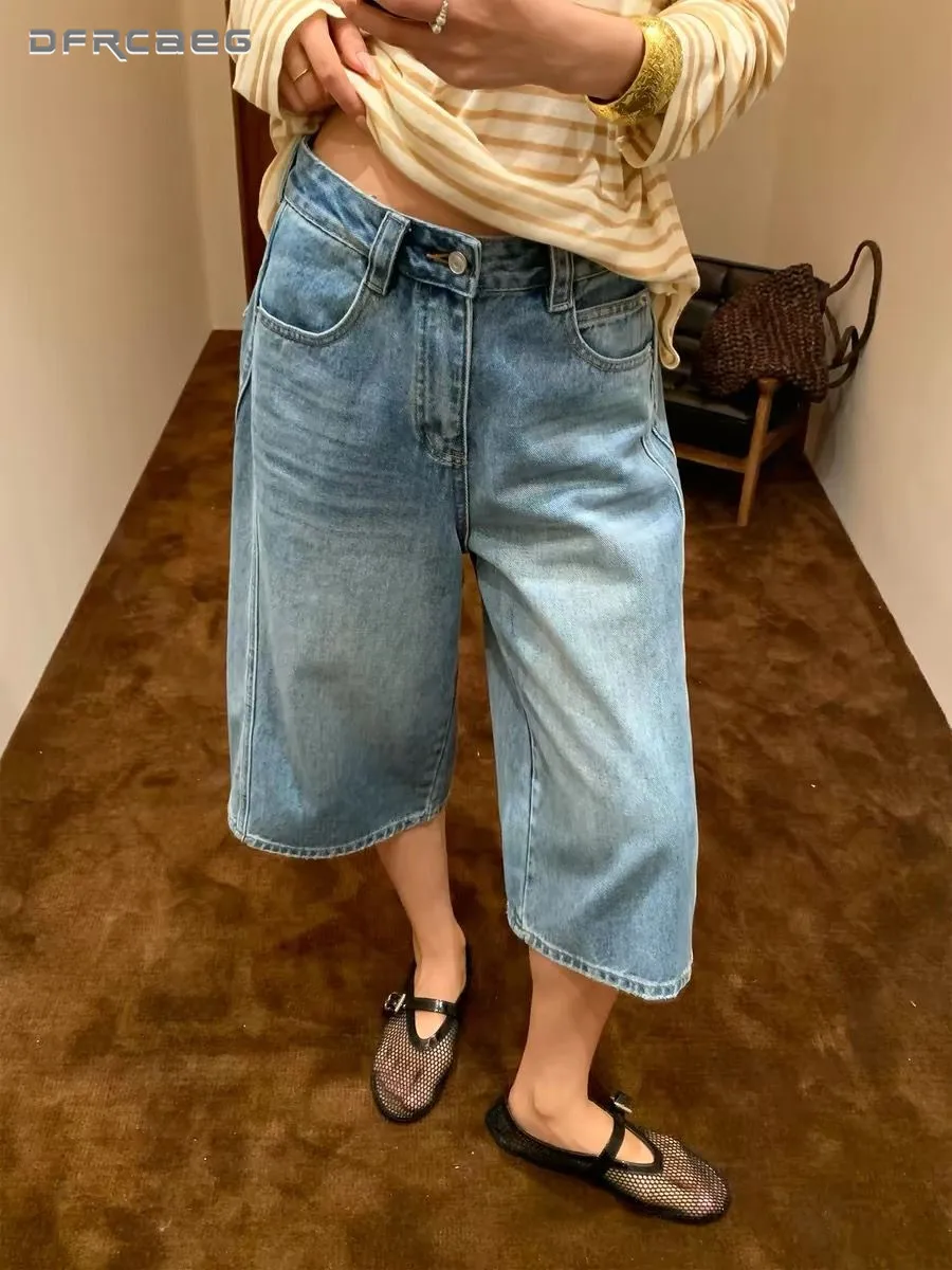 Women's American Vintage Washed Denim Wide Leg Capri Pants High Waist Loose Summer Straight Cropped Jean With Pocket