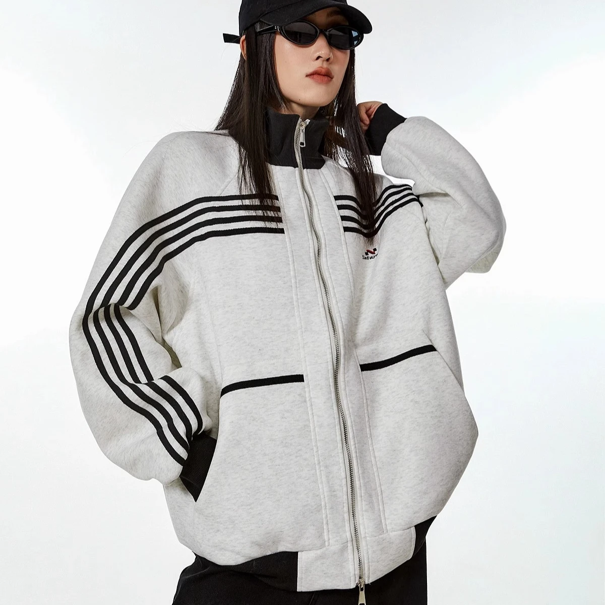 Streetwear Zip Jacket Women Striped Stand Collar Sweatshirts Men Vintage Zip Up Cardigans Fashion Women Y2k Clothes