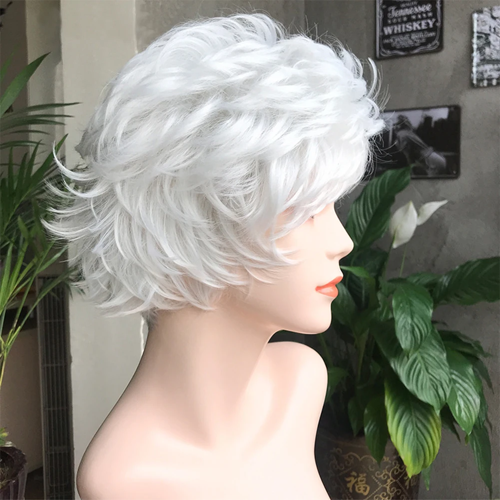 Belle Show Synthetic Short Silver White Curly Wig 6 Inch Heat Resistant Wig Natural Hair for Women and Men Daily Cosplay Party