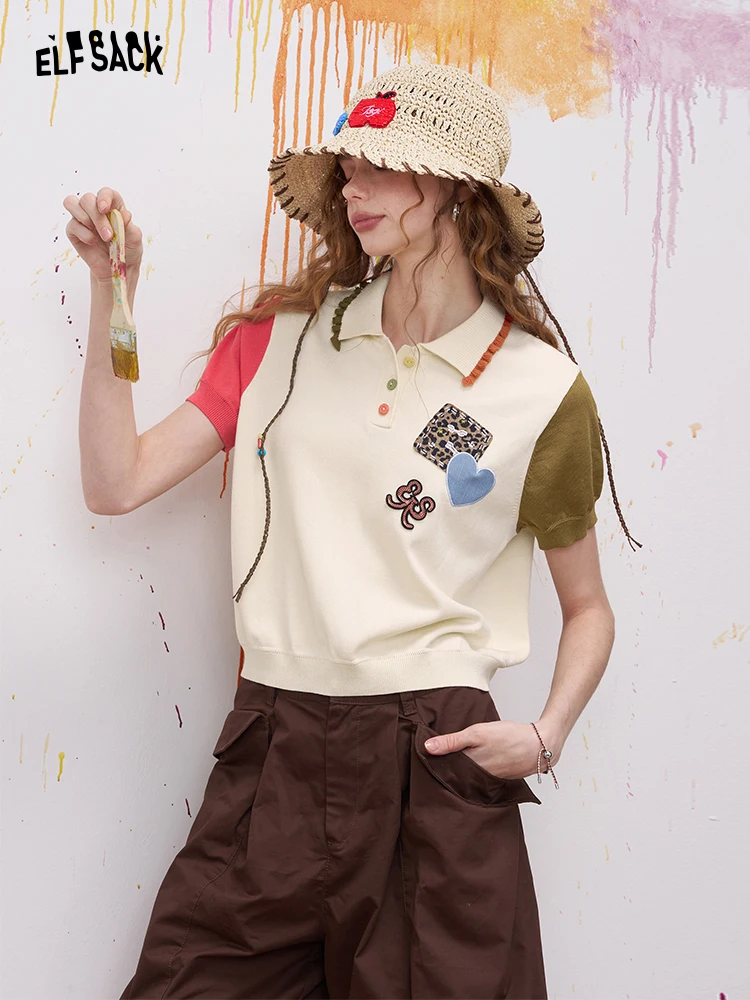 

Женская трикотажная кофта Elfsack с коротким рукавом, летний дизайн в корейском стиле, с цветовыми блоками, свободный крой, из смесового полиэстера