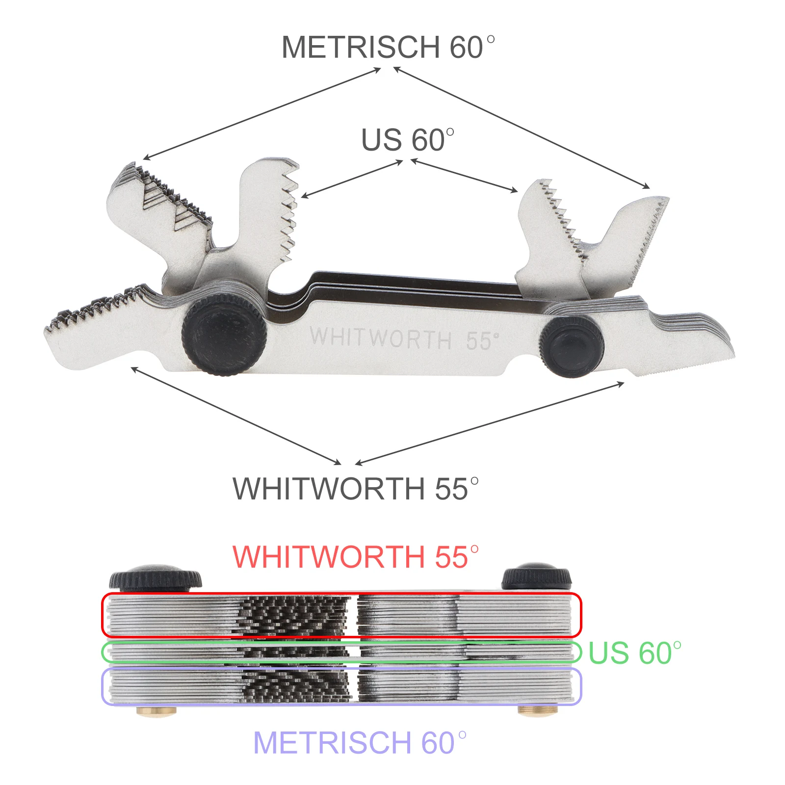 58pcs Screw Gauge 55 Degree & Metric 60 Degree & US 60 Degree Thread Pitch Gauge for Industrial Measurement, Measuring Tool