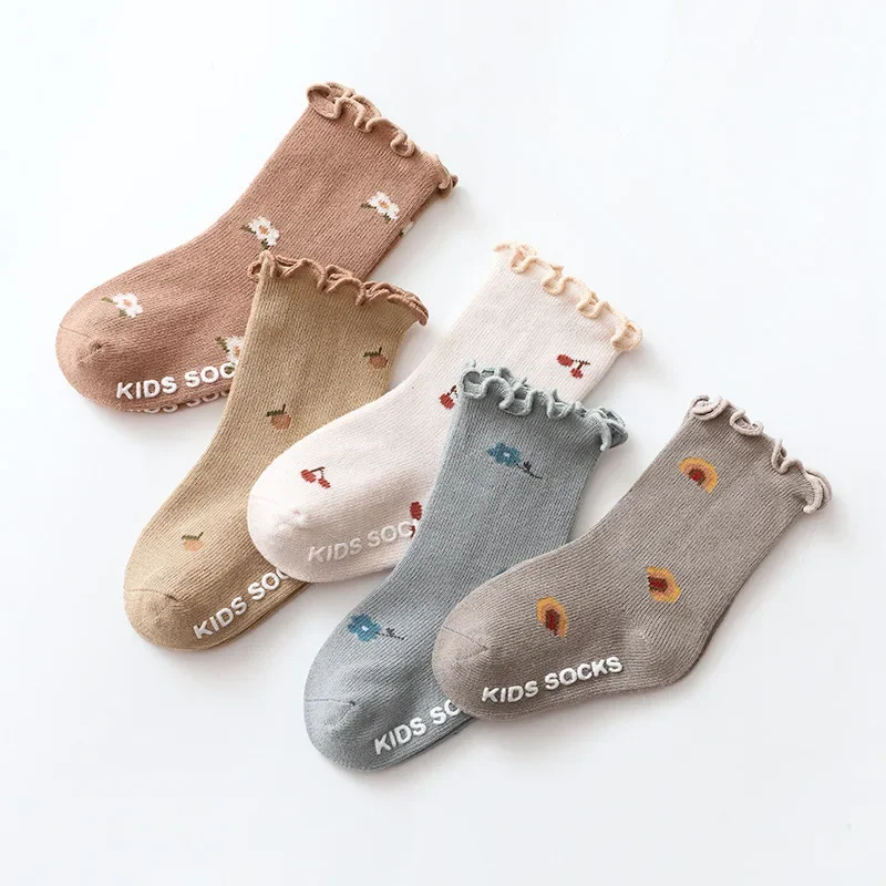 5pairs Baby Socks Spring Autumn Dotted Anti-Slip Socks With Mushroom Ears