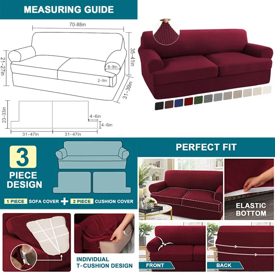 

3 Piece T Cushion Sofa Slipcovers Stretch Couch Cover Furniture Covers with 2 Individual T Cushion Covers, Machine Washable 2 C